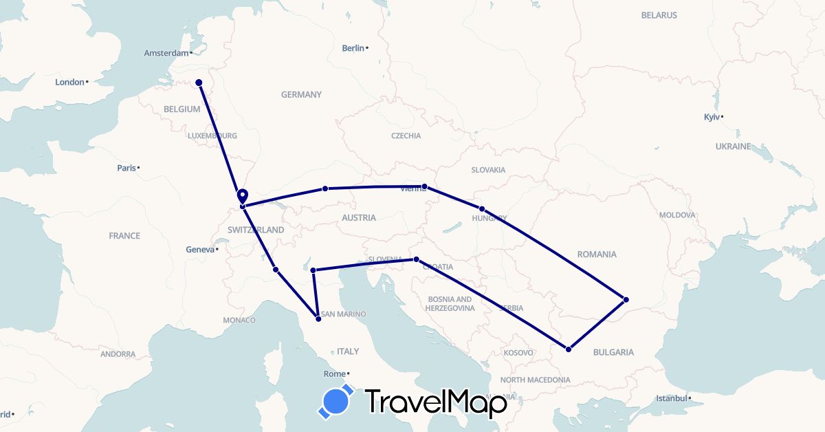 TravelMap itinerary: driving in Austria, Bulgaria, Switzerland, Germany, Croatia, Hungary, Italy, Netherlands, Romania (Europe)