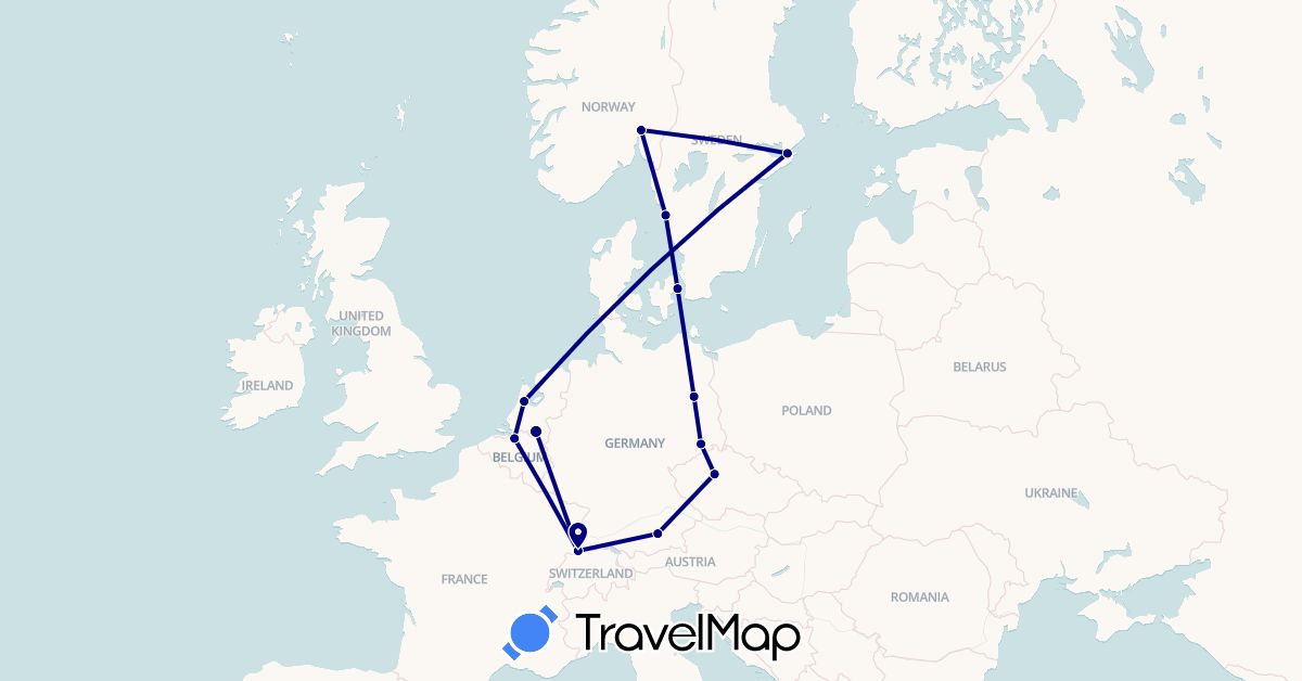 TravelMap itinerary: driving in Belgium, Switzerland, Czech Republic, Germany, Denmark, Netherlands, Norway, Sweden (Europe)