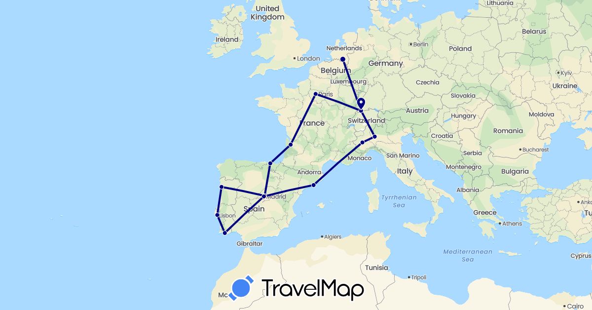 TravelMap itinerary: driving in Switzerland, Spain, France, Italy, Netherlands, Portugal (Europe)